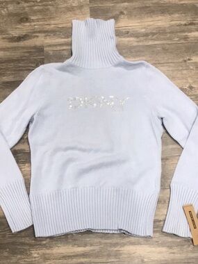 DKNY Pale Blue Ribbed Turtleneck Sweater with Crystal Logo